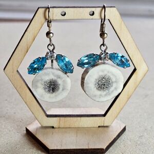 Handmade Deer Antler Slice Drop Earrings Blue Crystal Rhinestone Cowgirl Boho
